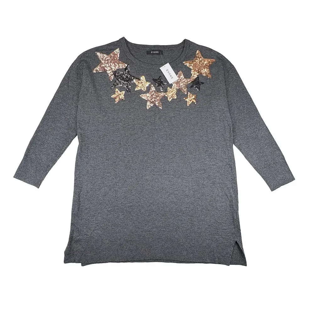 Evans Jumper Star Tunic NWT Womens 20 Gray Sequin Star Sweater Top Holiday
